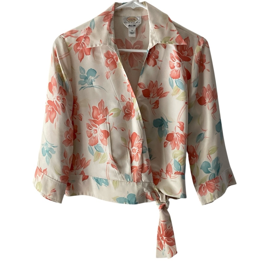 Talbots petites pure silk floral bolero wrap jacket/blouse with tie waist